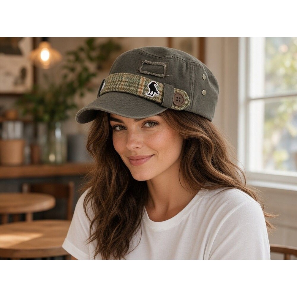 Women's Black Raven Embroidered Cap Distressed Khaki Plaid Tweed Button Band ADJ